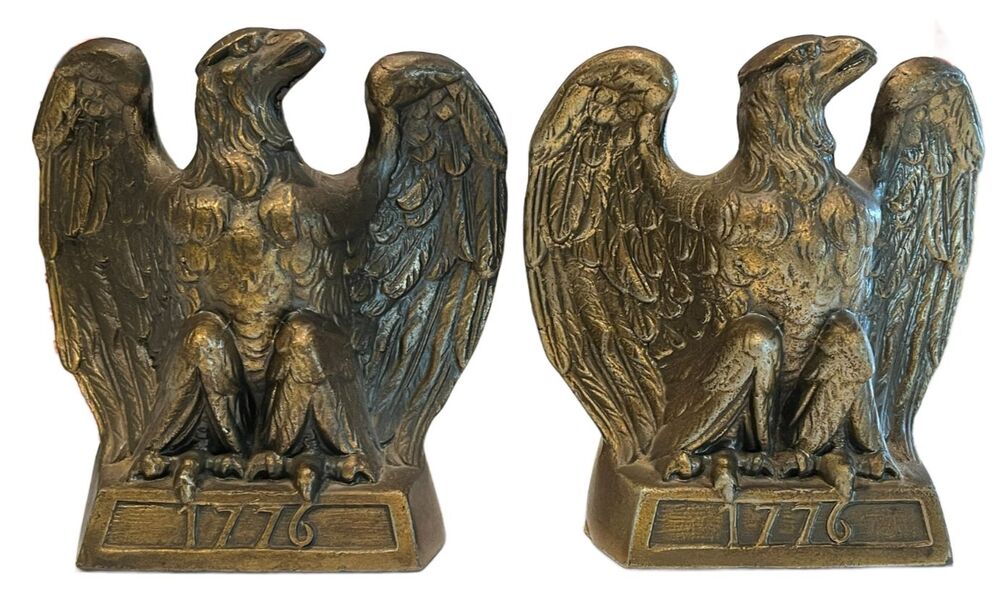 Vintage American Eagle 1776 Bookends Cast Iron Brass Colonial Virginia 1968 Pair